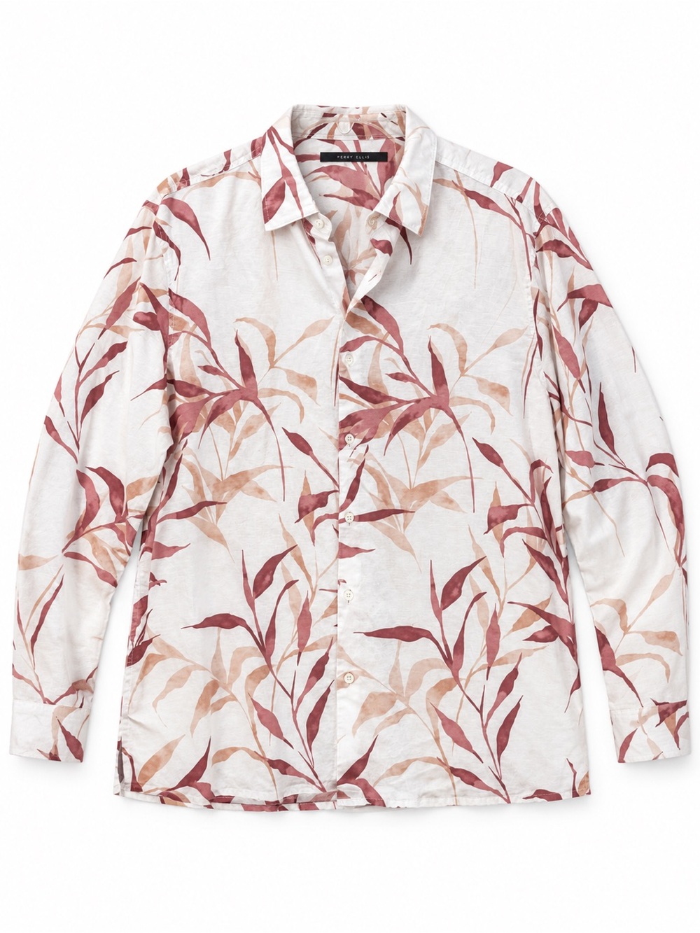 Perry Ellis White Button-Down Shirt with Rust and Tan Leaf Print